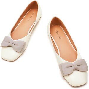 Women's Leather Square Toe Flats Ballet Loafers Layered Bow White Shoes
